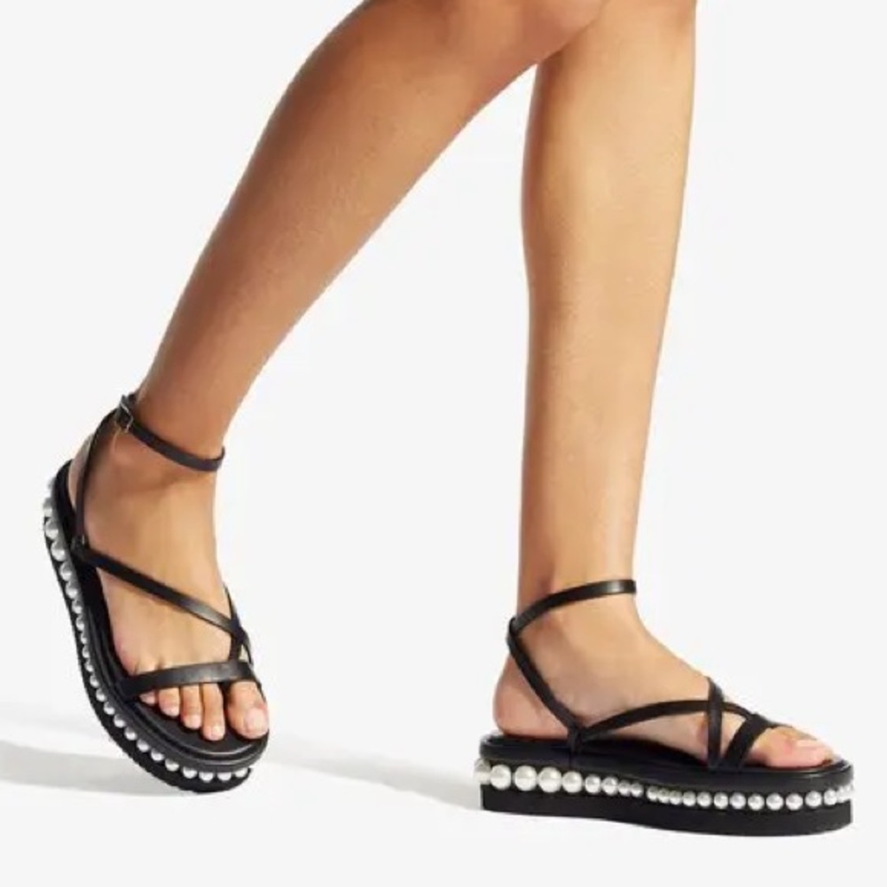 Jimmy Choo pine flat Elegant Black Pearl-Embellished Sandals